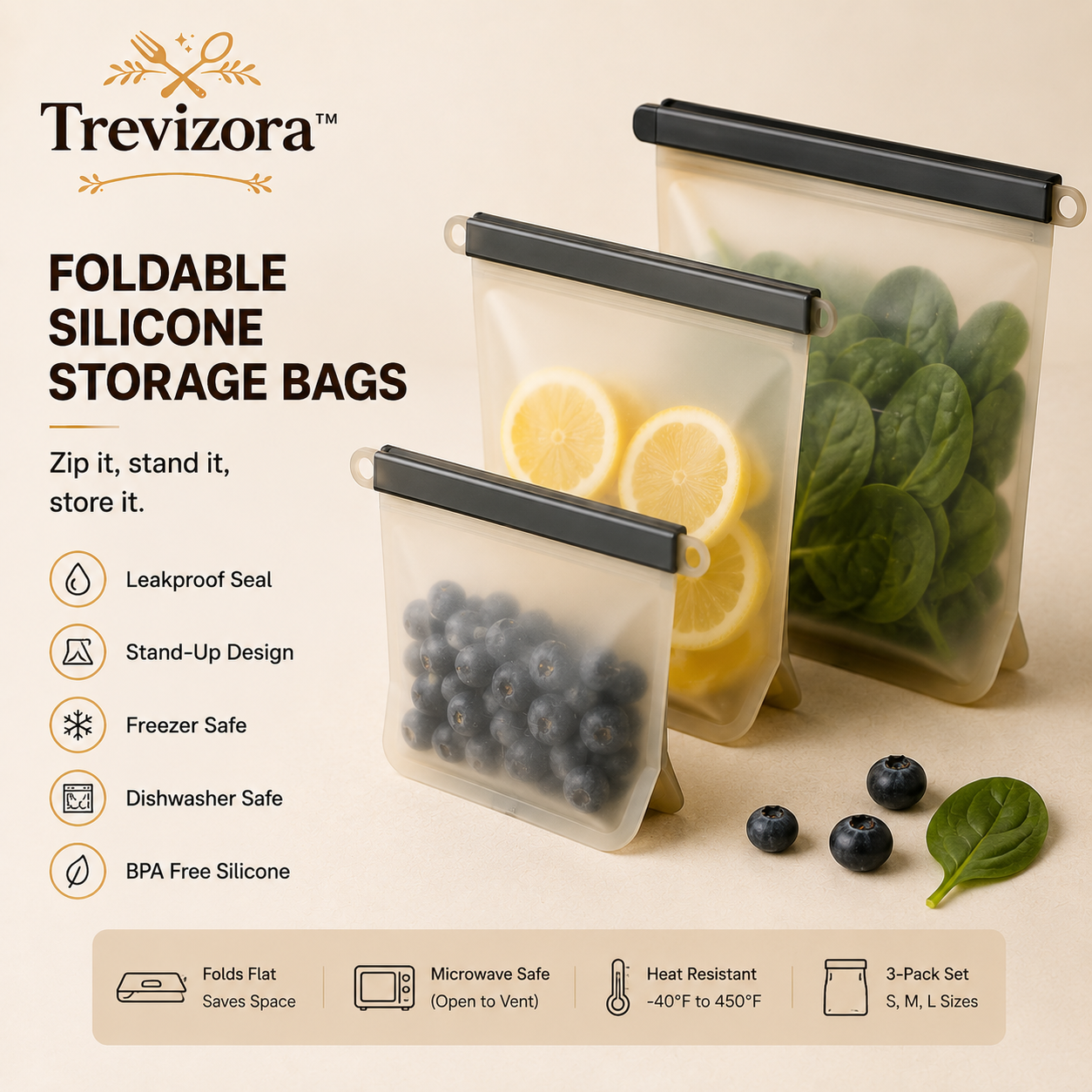 Trevizora FlexFresh Reusable Silicone Storage Bag Set